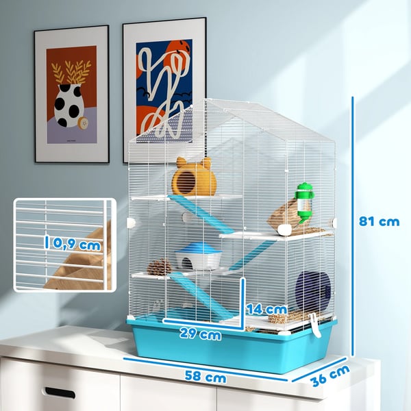 Hamsterbur - 5 Våningar - Med Plattformar - Plast - Mått 58×36×81 cm - Ljusblå