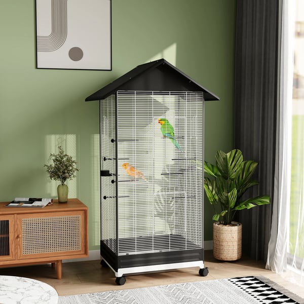 Fågelbur Voljär - På hjul - Utdragbar bottenbricka - 79×65×155 cm - Stål & plast - Svart