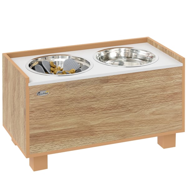 Upphöjd hundmatare - Skålställ - Avtagbar slow feeder - MDF & stål - Kapacitet 2 kg - Mått 60 x 30 x 35,5 cm - Ek