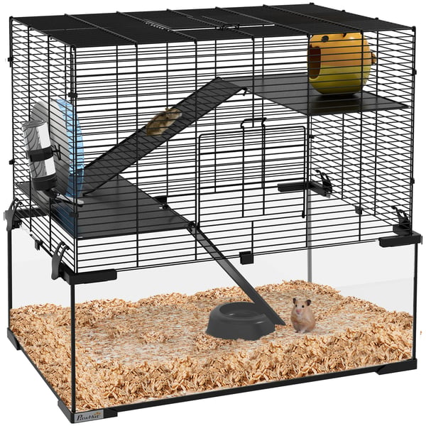 Hamsterbur - Smådjursbur - Glasbaksida - Metall - Mått 60×40×54,5 cm - Svart
