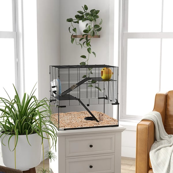 Hamsterbur - Smådjursbur - Glasbaksida - Metall - Mått 60×40×54,5 cm - Svart