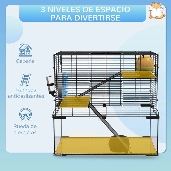 Hamsterbur - Smådjursbur - Glasbaksida - Metall - Mått 60×40×54,5 cm - Svart