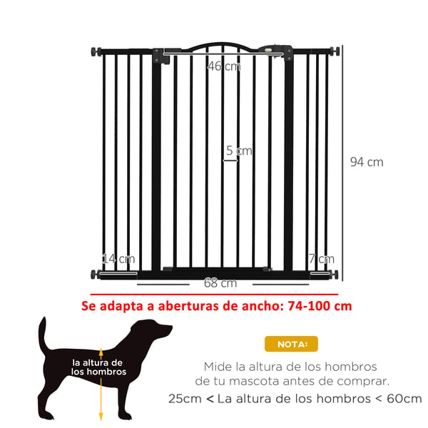 Hundgrind - Säkerhetsgrind - Justerbar bredd 74–100 cm - Höjd 94 cm - Metall - För dörrar och trappor - Svart