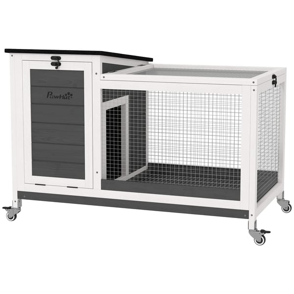 Kaninbur i trä - Smådjursbur - På hjul - Fällbart tak - 91×51×66 cm - Vit och mörkgrå