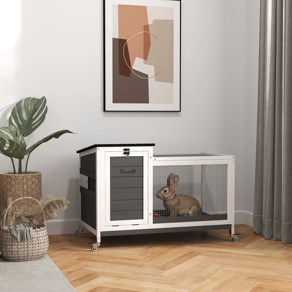 Kaninbur i trä - Smådjursbur - På hjul - Fällbart tak - 91×51×66 cm - Vit och mörkgrå
