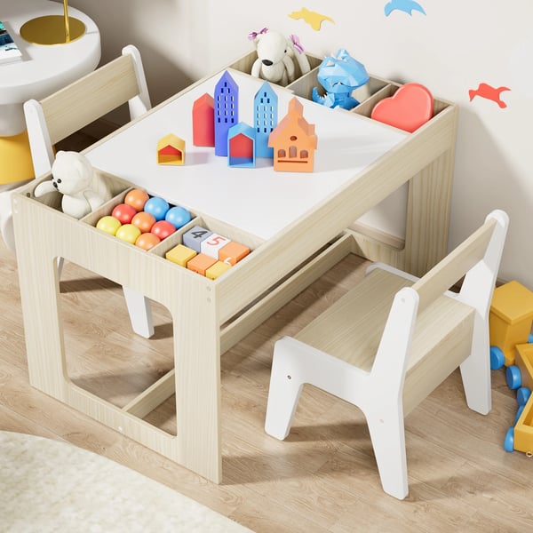 Barnbord med 2 stolar - 3‑i‑1 aktivitetsbord - Med förvaring - Trä - Rektangulärt - Mått: bord 80×49×48 cm, stolhöjd 29 cm - Grå