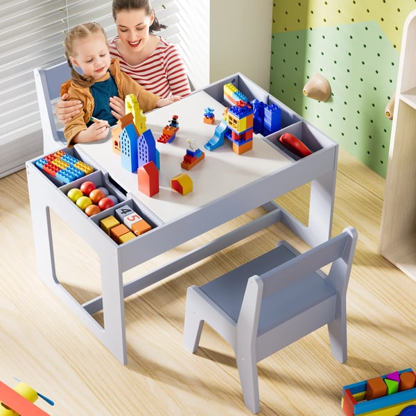 Børnebord med 2 stole - 3-i-1 aktivitetsbord - Træ - Med opbevaring - Rektangulært - 80×49×48 cm - Til småbørn - Lysegrøn
