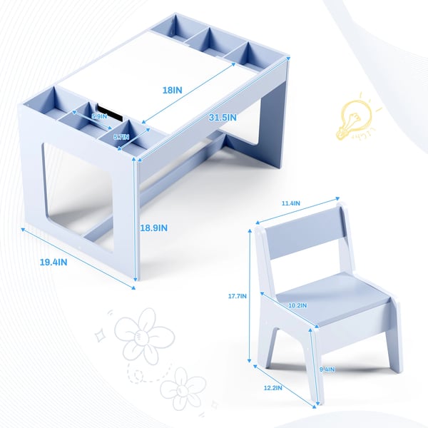 Børnebord med 2 stole - 3-i-1 aktivitetsbord - Træ - Med opbevaring - Rektangulært - 80×49×48 cm - Til småbørn - Lysegrøn