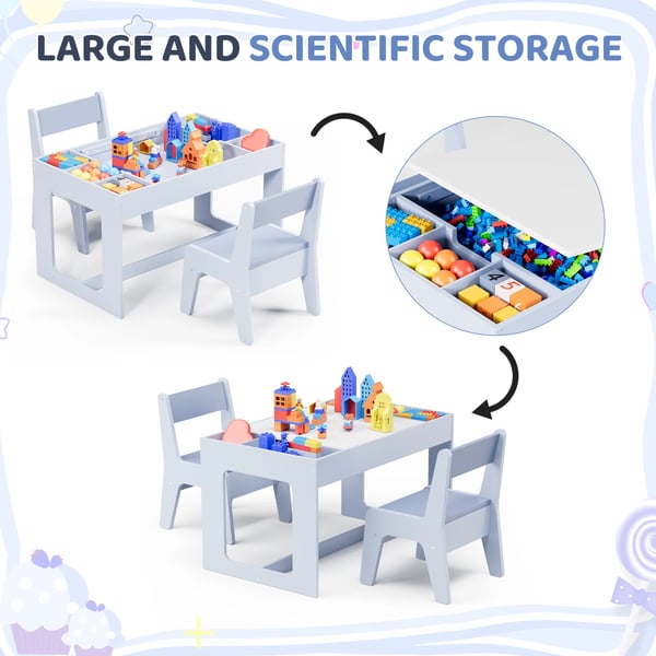Børnebord med 2 stole - 3-i-1 aktivitetsbord - Træ - Med opbevaring - Rektangulært - 80×49×48 cm - Til småbørn - Lysegrøn