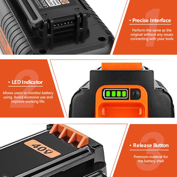 Black+Decker 40V erstatningsbatteri, Li-ion 18650 3000 mAh, kompatibel med LBXR36/BL20362/LBX2040, beige