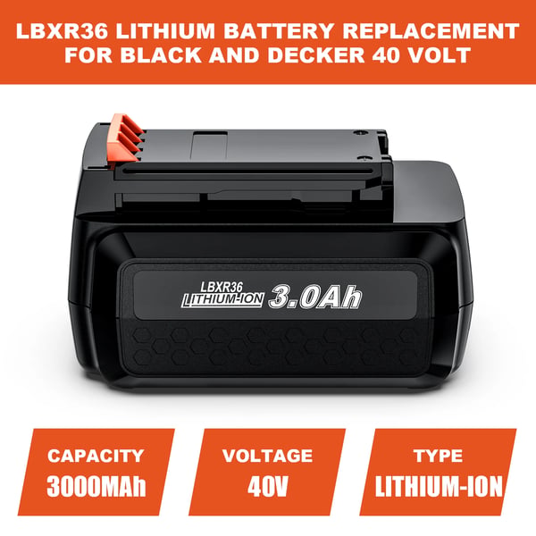 Black+Decker 40V erstatningsbatteri, Li-ion 18650 3000 mAh, kompatibel med LBXR36/BL20362/LBX2040, beige