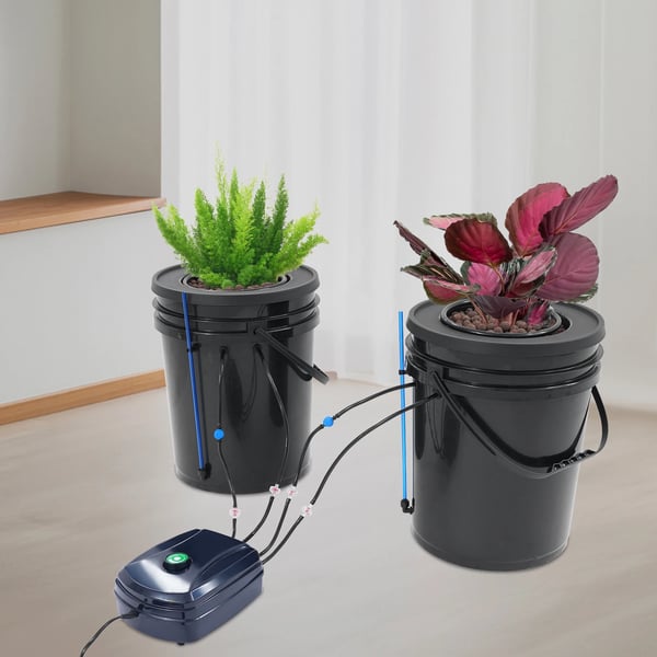 Hydroponisk dyrkningssæt - Dybvandskultur DWC - 2-pak - 5 gal (ca. 19 l) - Luftpumpe - Plast - Sort