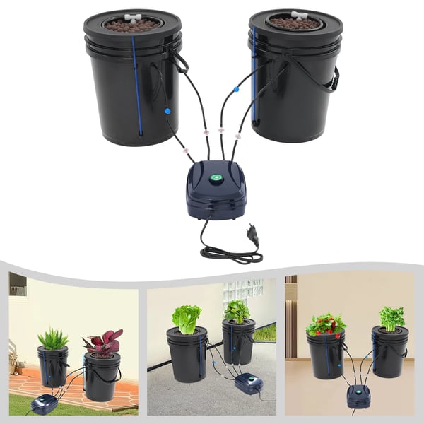 Hydroponisk dyrkningssæt - Dybvandskultur DWC - 2-pak - 5 gal (ca. 19 l) - Luftpumpe - Plast - Sort