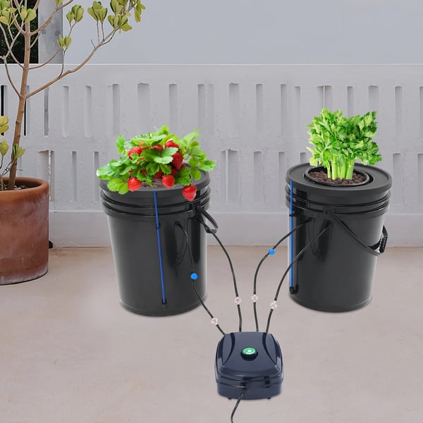 Hydroponisk dyrkningssæt - Dybvandskultur DWC - 2-pak - 5 gal (ca. 19 l) - Luftpumpe - Plast - Sort