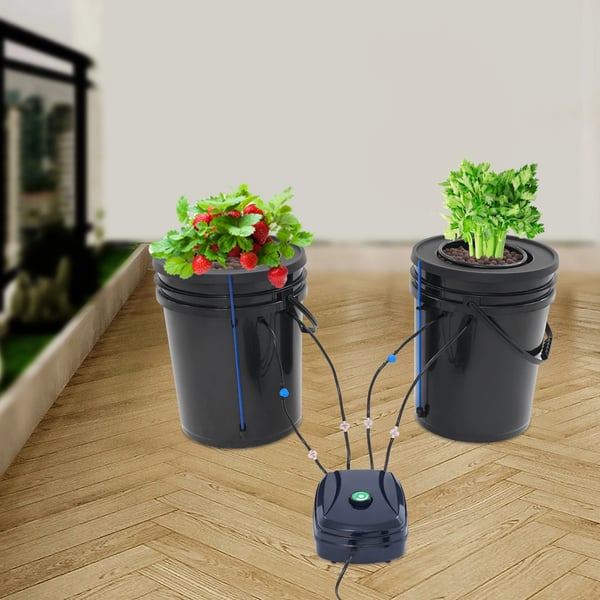 Hydroponisk dyrkningssæt - Dybvandskultur DWC - 2-pak - 5 gal (ca. 19 l) - Luftpumpe - Plast - Sort