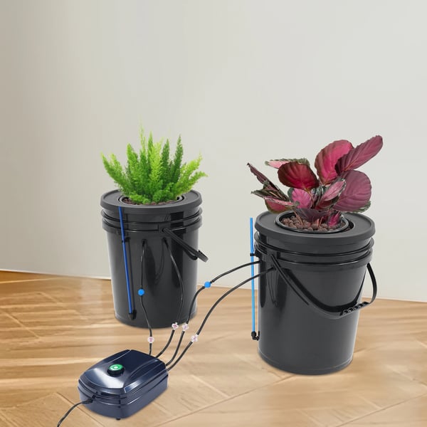 Hydroponisk dyrkningssæt - Dybvandskultur DWC - 2-pak - 5 gal (ca. 19 l) - Luftpumpe - Plast - Sort