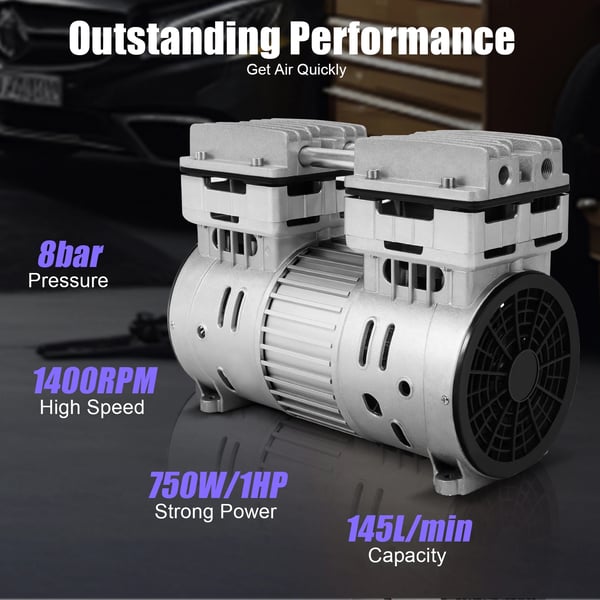 Oliefri luftkompressor, 750W/1HP, støjsvag, 8 bar, 145 l/min, 1400 rpm, 220V, grå