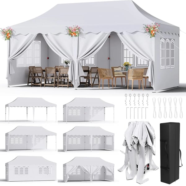 Partytält Paviljong 3x6 m - Pop-up Gazebo - Vattentät - UV50+ - HDPE med PU-beläggning - Aluminiumram - Sidoväggar ingår - Vit