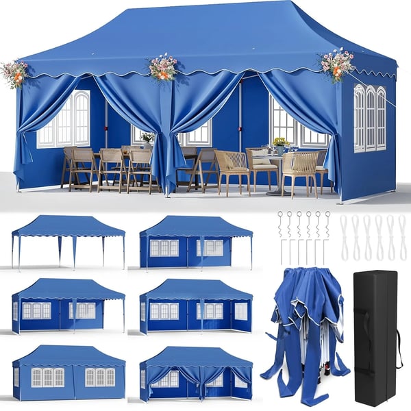 Paviljonki 3x6 m - Pop up juhlateltta - Vedenpitävä HDPE, PU-pinnoitettu - Alumiinirunko - UV50+ - Sivuseinillä - Sininen
