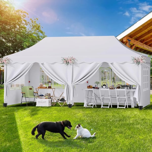 Juhlateltta Paviljonki 3x6 m - Pop up Gazebo - Vedenpitävä - UV50+ - HDPE, PU-pinnoite - Alumiinirunko - Kaikki sivuseinät mukana - Valkoinen