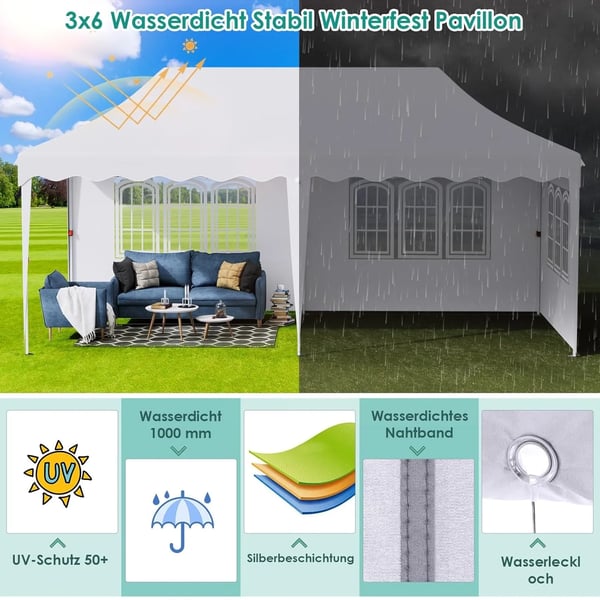 Juhlateltta Paviljonki 3x6 m - Pop up Gazebo - Vedenpitävä - UV50+ - HDPE, PU-pinnoite - Alumiinirunko - Kaikki sivuseinät mukana - Valkoinen
