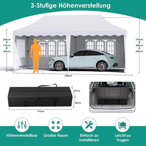 Juhlateltta Paviljonki 3x6 m - Pop up Gazebo - Vedenpitävä - UV50+ - HDPE, PU-pinnoite - Alumiinirunko - Kaikki sivuseinät mukana - Valkoinen