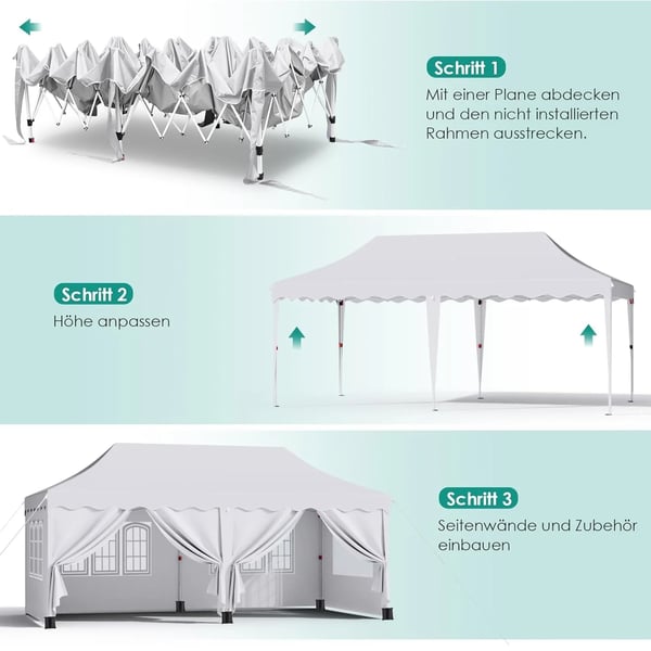 Juhlateltta Paviljonki 3x6 m - Pop up Gazebo - Vedenpitävä - UV50+ - HDPE, PU-pinnoite - Alumiinirunko - Kaikki sivuseinät mukana - Valkoinen