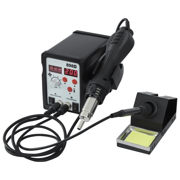 Juotoksenpoistoasema 750W, 220V, säädettävä lämpötila, muistitoiminto, 3 ilmasuutinta, juottamiseen/poistoon, musta