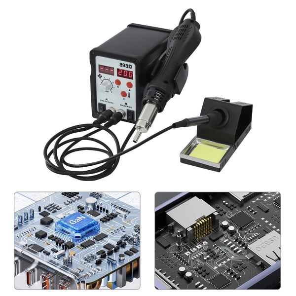 Af-lodningsstation 750W, 220V, justerbar temperatur, hukommelsesfunktion, 3 luftdyser, til lodning/aflodning, sort