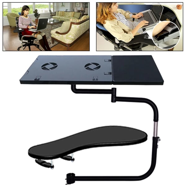 Tastaturbakke til stol - Laptop- og musebord - USB-blæser - Tilt −85° til +20° - Justerbar museholder - Sort