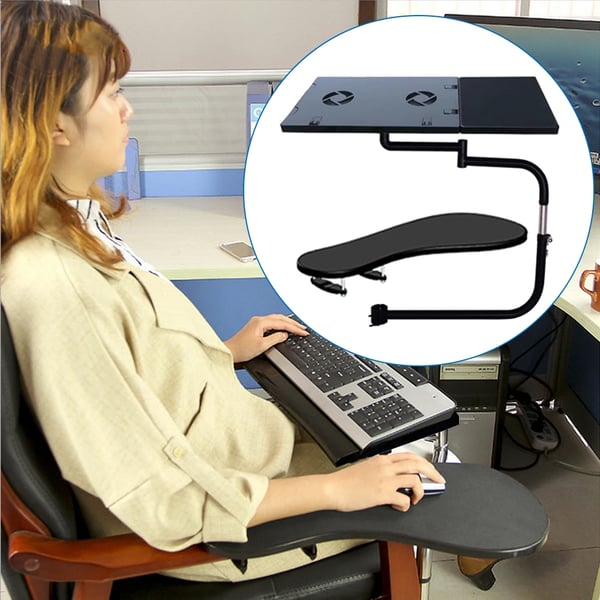 Tastaturbakke til stol - Laptop- og musebord - USB-blæser - Tilt −85° til +20° - Justerbar museholder - Sort