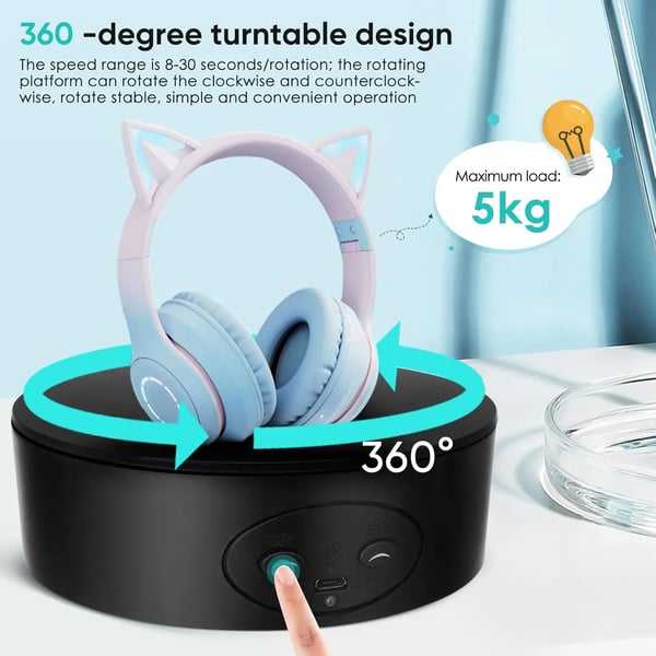 Sähköinen mini-kääntöpöytä 13 cm, 360°, USB-käyttöinen, automaattinen, valokuvaukseen ja koruille, valkoinen