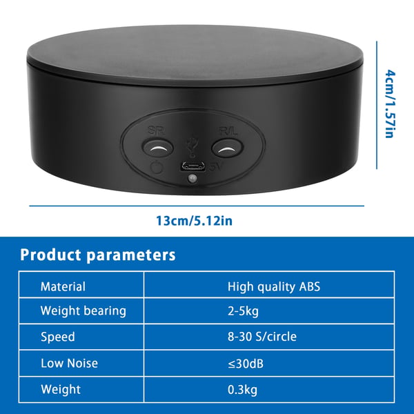 Sähköinen mini-kääntöpöytä 13 cm, 360°, USB-käyttöinen, automaattinen, valokuvaukseen ja koruille, valkoinen