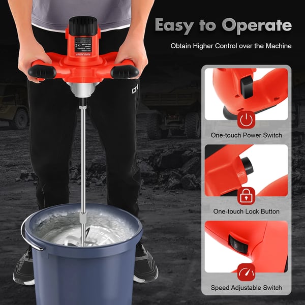 Beton- og cementblander - Håndholdt mørtelmixer - 1500 W - 6 hastigheder - 930 omdr./min - Til cement, mørtel, gips - Robust - Rød