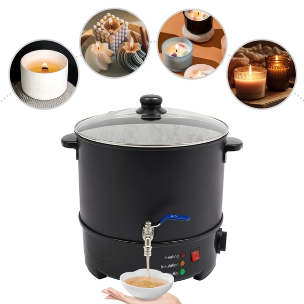 Vokssmelter til lys - Elektrisk vokssmeltegryde - Kapacitet 10 l - Effekt 1000 W - Justerbar temperatur 50–100°C - Tappehane - EU 220–240 V - sort