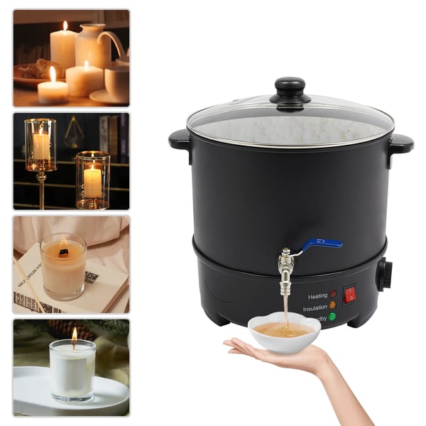 Vokssmelter til lys - Elektrisk vokssmeltegryde - Kapacitet 10 l - Effekt 1000 W - Justerbar temperatur 50–100°C - Tappehane - EU 220–240 V - sort