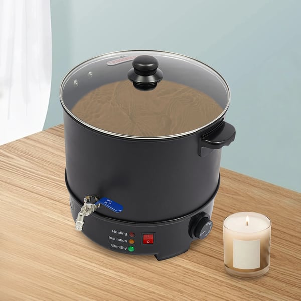 Vokssmelter til lys - Elektrisk vokssmeltegryde - Kapacitet 10 l - Effekt 1000 W - Justerbar temperatur 50–100°C - Tappehane - EU 220–240 V - sort