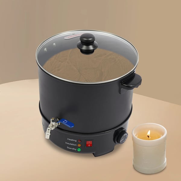 Vokssmelter til lys - Elektrisk vokssmeltegryde - Kapacitet 10 l - Effekt 1000 W - Justerbar temperatur 50–100°C - Tappehane - EU 220–240 V - sort