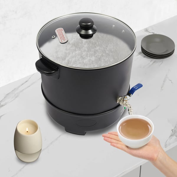 Vokssmelter til lys - Elektrisk vokssmeltegryde - Kapacitet 10 l - Effekt 1000 W - Justerbar temperatur 50–100°C - Tappehane - EU 220–240 V - sort