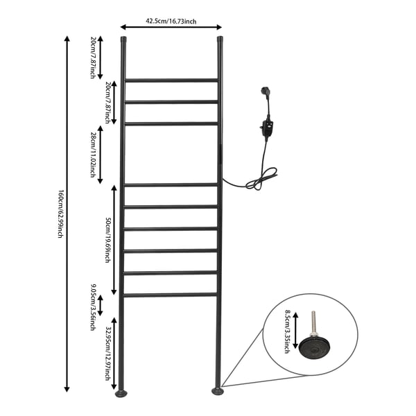 Elektrisk håndklædetørrer - Fritstående gulvmodel - Rustfrit stål - Vandtæt - 220V EU-stik - 42,5×160 cm - Max 15 kg - Sort