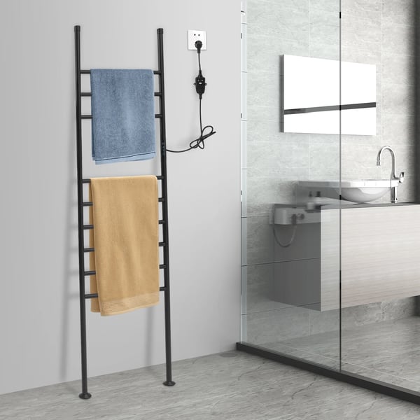 Elektrisk håndklædetørrer - Fritstående gulvmodel - Rustfrit stål - Vandtæt - 220V EU-stik - 42,5×160 cm - Max 15 kg - Sort