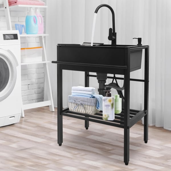 Moderne fritstående rektangulær køkkenvask, rustfrit stål 201, sæt, sort, 60×45×86 cm, med tilbehør