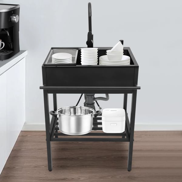 Moderne fritstående rektangulær køkkenvask, rustfrit stål 201, sæt, sort, 60×45×86 cm, med tilbehør