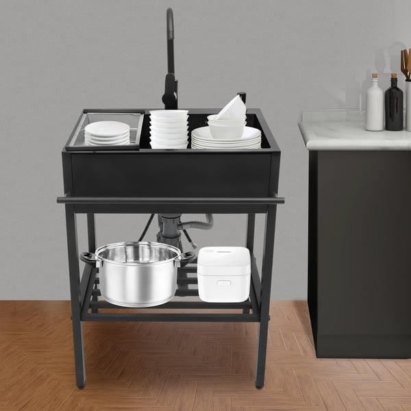 Moderne fritstående rektangulær køkkenvask, rustfrit stål 201, sæt, sort, 60×45×86 cm, med tilbehør