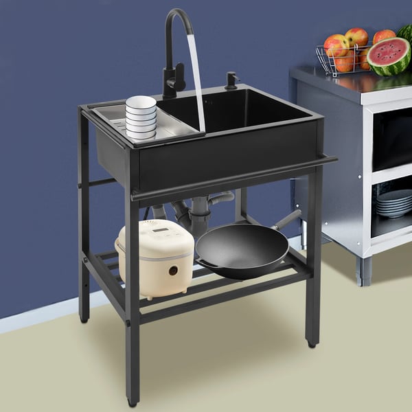 Moderne fritstående rektangulær køkkenvask, rustfrit stål 201, sæt, sort, 60×45×86 cm, med tilbehør