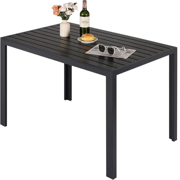 Ulkoruokapöytä - Puutarhapöytä alumiinia - 110x70x73 cm - Sälelevy 6,5x10 cm puupohjaisesta materiaalista - 6 hengelle - Suorakulmainen - Musta