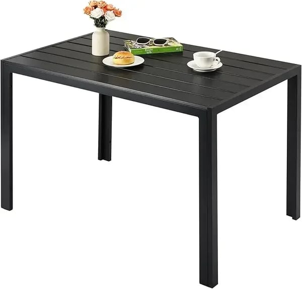Ulkoruokapöytä - Puutarhapöytä alumiinia - Suorakaide 110x70x73 cm - Rimoitettu kansi 9,5x7 cm - 6 hengelle - Musta