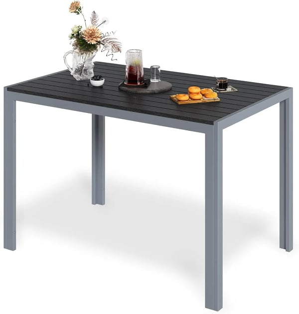 Ulkoruokapöytä - Puutarhapöytä alumiinia - 110×70×73 cm, puupohjainen rimoitettu kansi, 6,5×10 cm rimat, 6 hengelle, säänkestävä - Harmaa