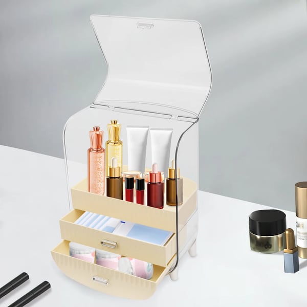Makeup- og kosmetik opbevaring - Opbevaringsboks med låg - 2 skuffer - PET - 28,5×19×36 cm - Åbning 28,5×21,5 cm - Hvid