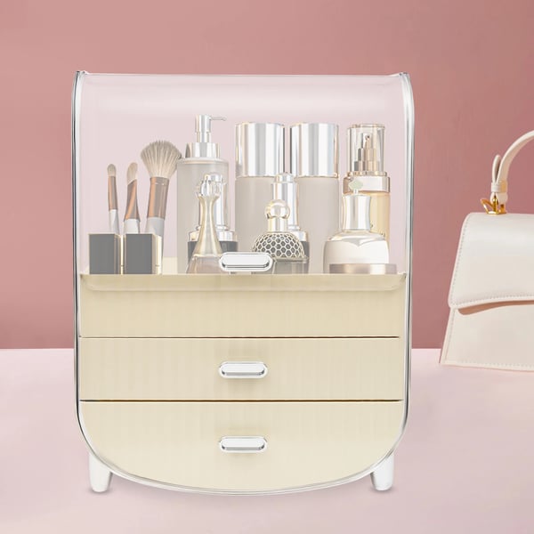 Makeup- og kosmetik opbevaring - Opbevaringsboks med låg - 2 skuffer - PET - 28,5×19×36 cm - Åbning 28,5×21,5 cm - Hvid